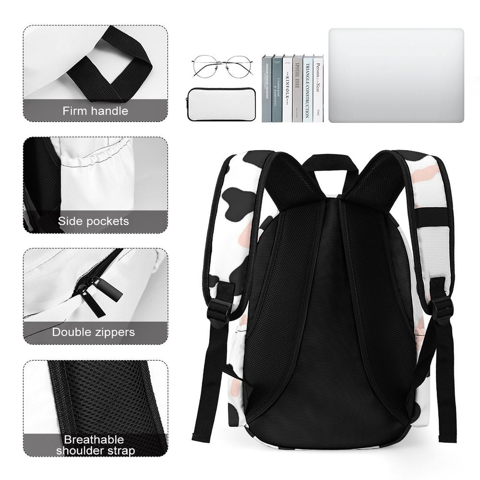Large Capacity Half Print Backpack 11.8×16.5×5.9in Multifunctional Zipper Design Convenient Switch Simple Cow-print Pattern1_2