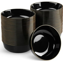 Disposable Plastic Soup Bowls, 50-Pack 14 Oz. Heavyweight Black With Gold Rim Bowls For Party, Wedding Or Event