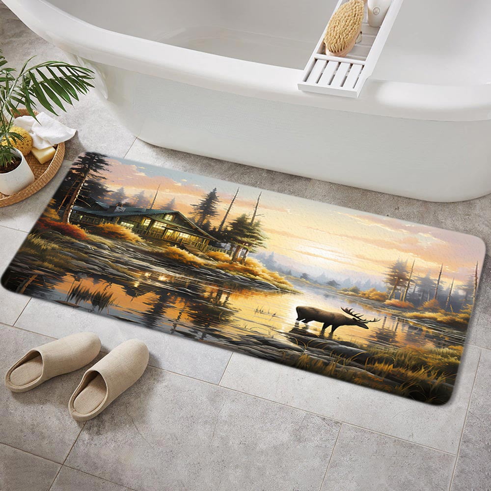 Rustic Moose Bathroom Rugs, Elk Moose Country Hunting Wild Animal Lodge Forest Non-Slip Bath Rugs Adventure Woodland Cabin Farmhouse Bathroom Rug Mat 17X48inch, Extra Soft and Absorbent Bath Rugs