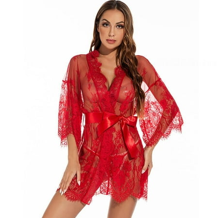 

Women S Lace Temptation Perspective Sexy Nightgown Blood Drop Bathrobe Cross-Border European And American Style Loose Sexy Lingerie Red M