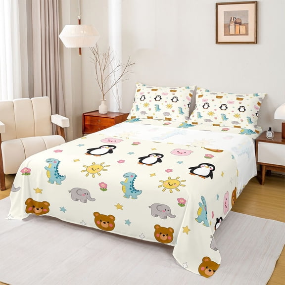 Homewish Kawaii Pig Penguin Queen Sheet Sets, Cute Dinosaur Elephant Bear Flat Sheet, Cartoon Animal Theme Queen Fitted Sheet, Super Cozy Room Decor, 4 Pieces