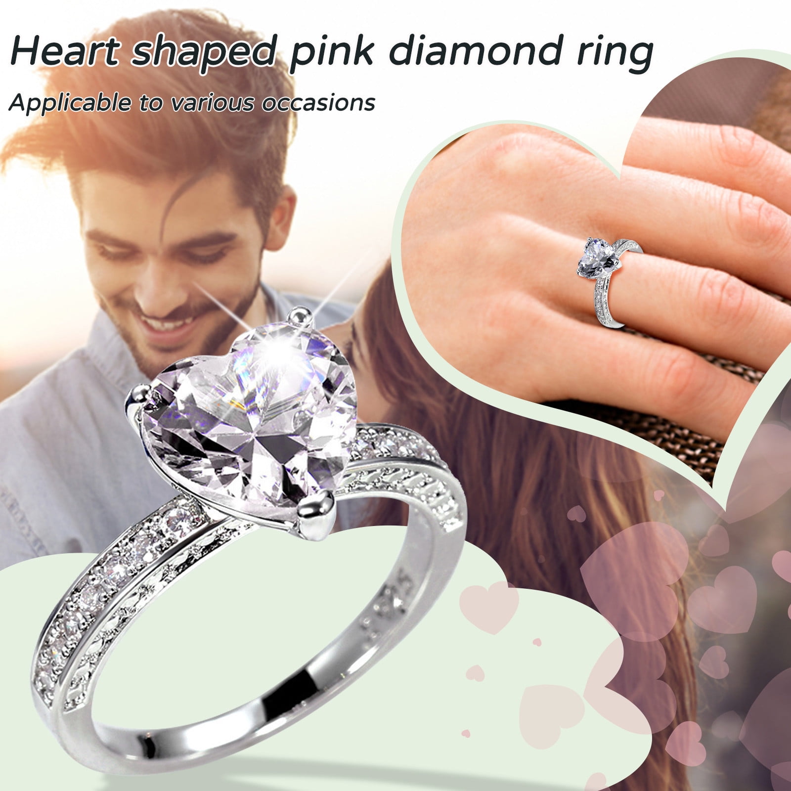 mnjin fashion women's love heart zirconia diamond ring engagement wedding  ring pink 