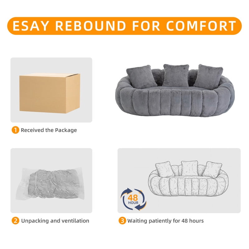 Vacuum Compression Oversized Loveseat with 3 Throw Pillows, Velvet Upholstered Sofa, No Assembly Boneless Floor Couch