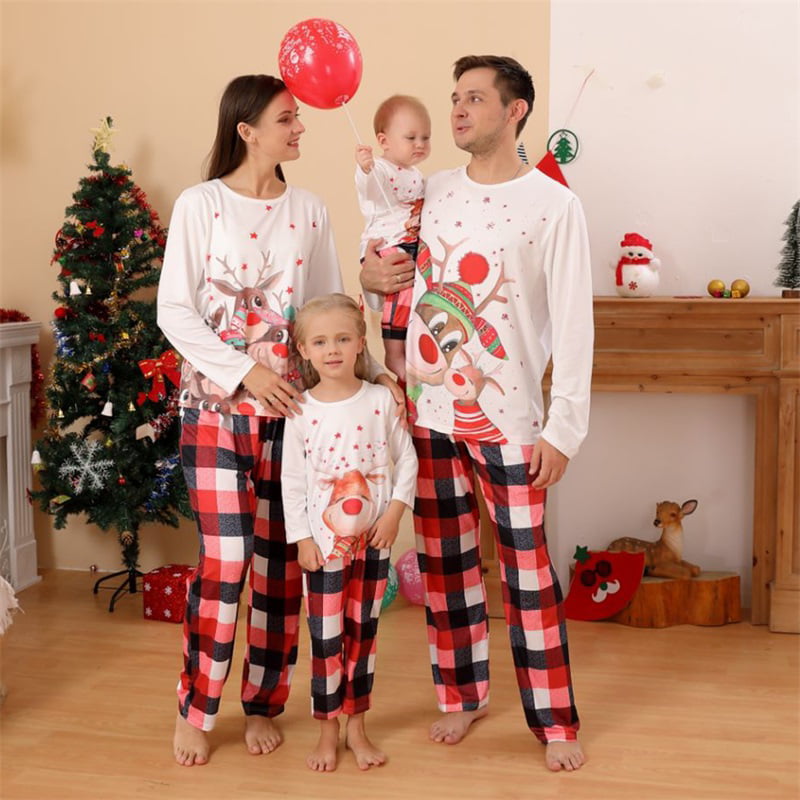 Plaid Pants for Whole Family Christmas Parent-child Sleepwear Family Matching Pjs Set ELK Pajamas Loose Top 