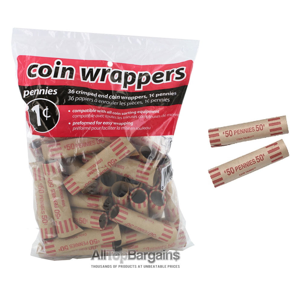 50 Pack One Cent Penny Tubes for Pennies Pop-Open / Flat Paper Coin Wrappers 