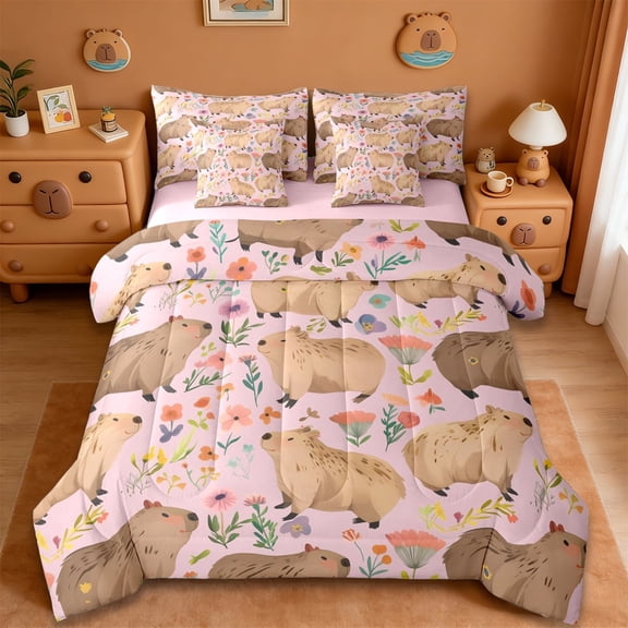 Erosebridal Capybara Lover7-Piece Twin Bedding Sets,Cartoon Mouse Rustic Floral Bedding Comforter Set For Girls Kids ,Reversible Pink
