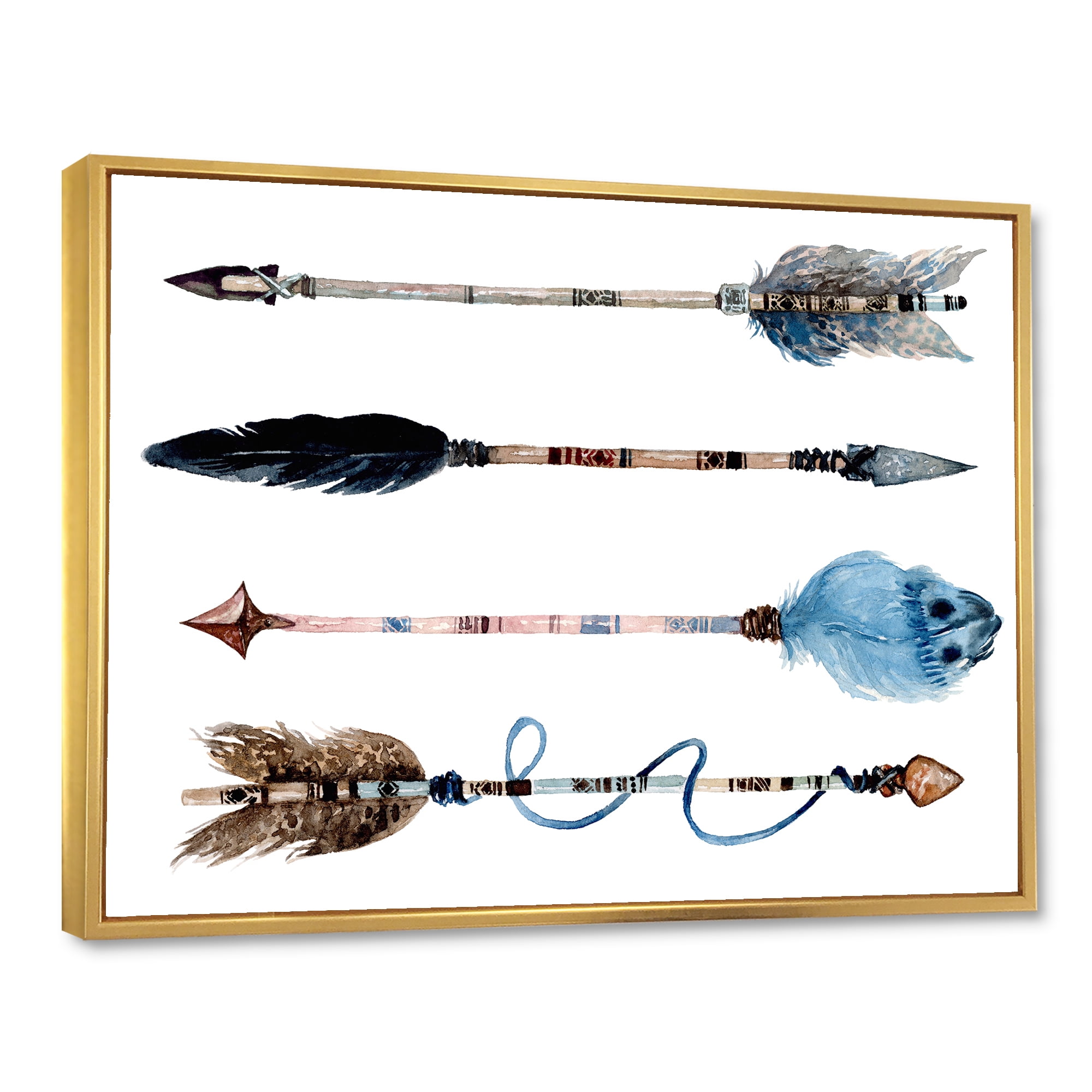 Designart 'Flowers and Ethnic Feathers On Native Arrows IV' Bohemian & Eclectic Framed Canvas Wall Art Print