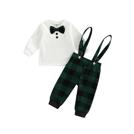 

Baby Boys Christmas Gentleman Outfit 3Pcs Clothing Long Sleeve Bowtie Shirt and Plaid Print Suspender Pants Overalls 3-18 Months