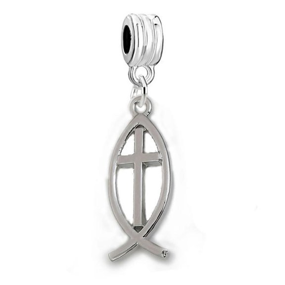 SEXY SPARKLES Jesus Cross Fish Ichthys European Charm Spacer Bead Fits Bracelets