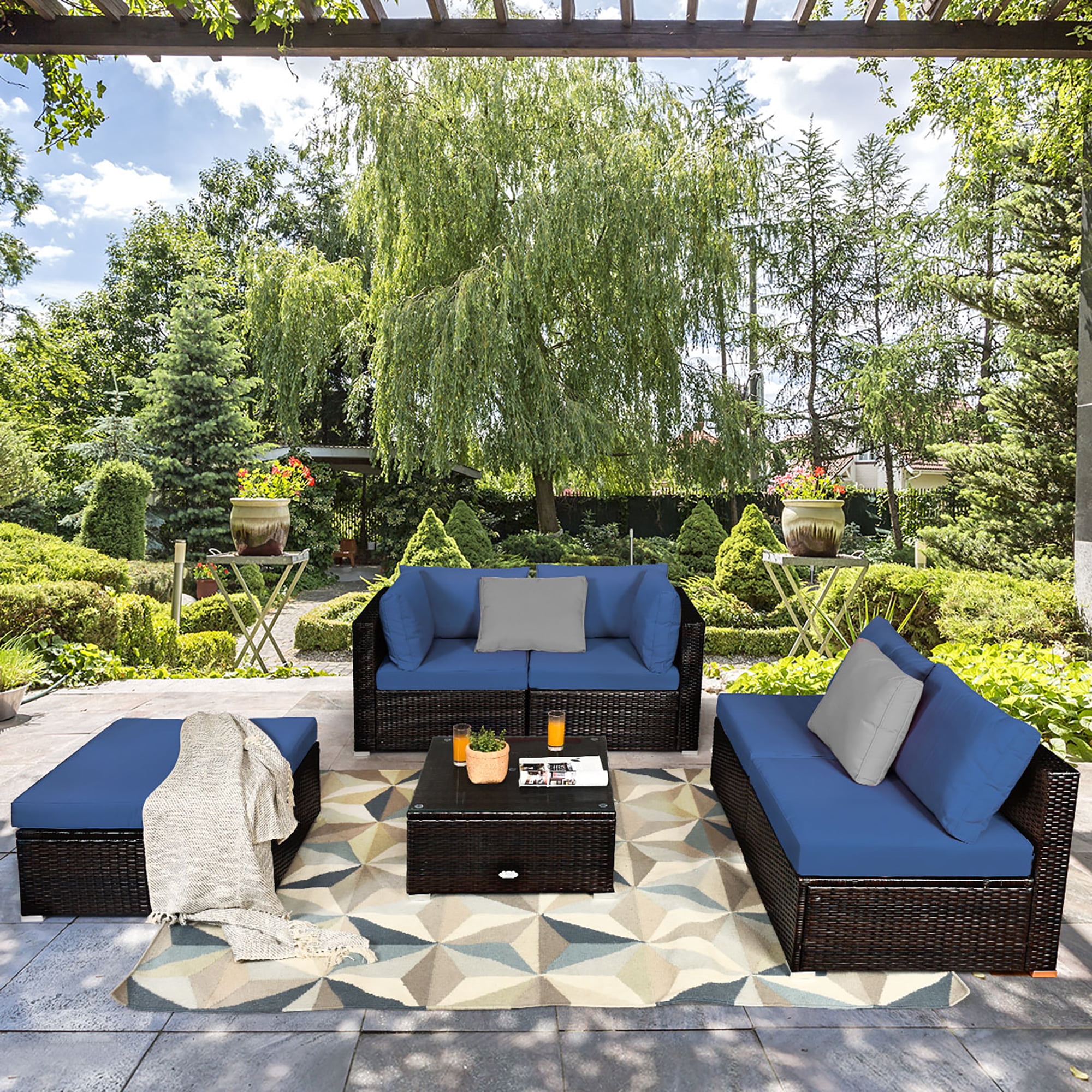 Costway 6PCS Outdoor Patio Rattan Furniture Set Cushioned Sectional Sofa Navy
