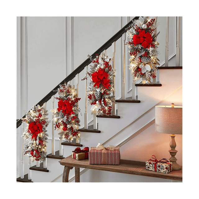 Guirlande de Noël pour Escaliers, Porte, Cheminée, Fenêtre, Décoration de Noël Intérieure Extérieure Rouge