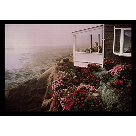 - buyartforless FRAMED Rockport Garden by Andrew Borsari 18x12 Art Print Poster Photograph Beautiful Coastal Beach House with Floral Garden Rocky Cliff Foggy Ocean View