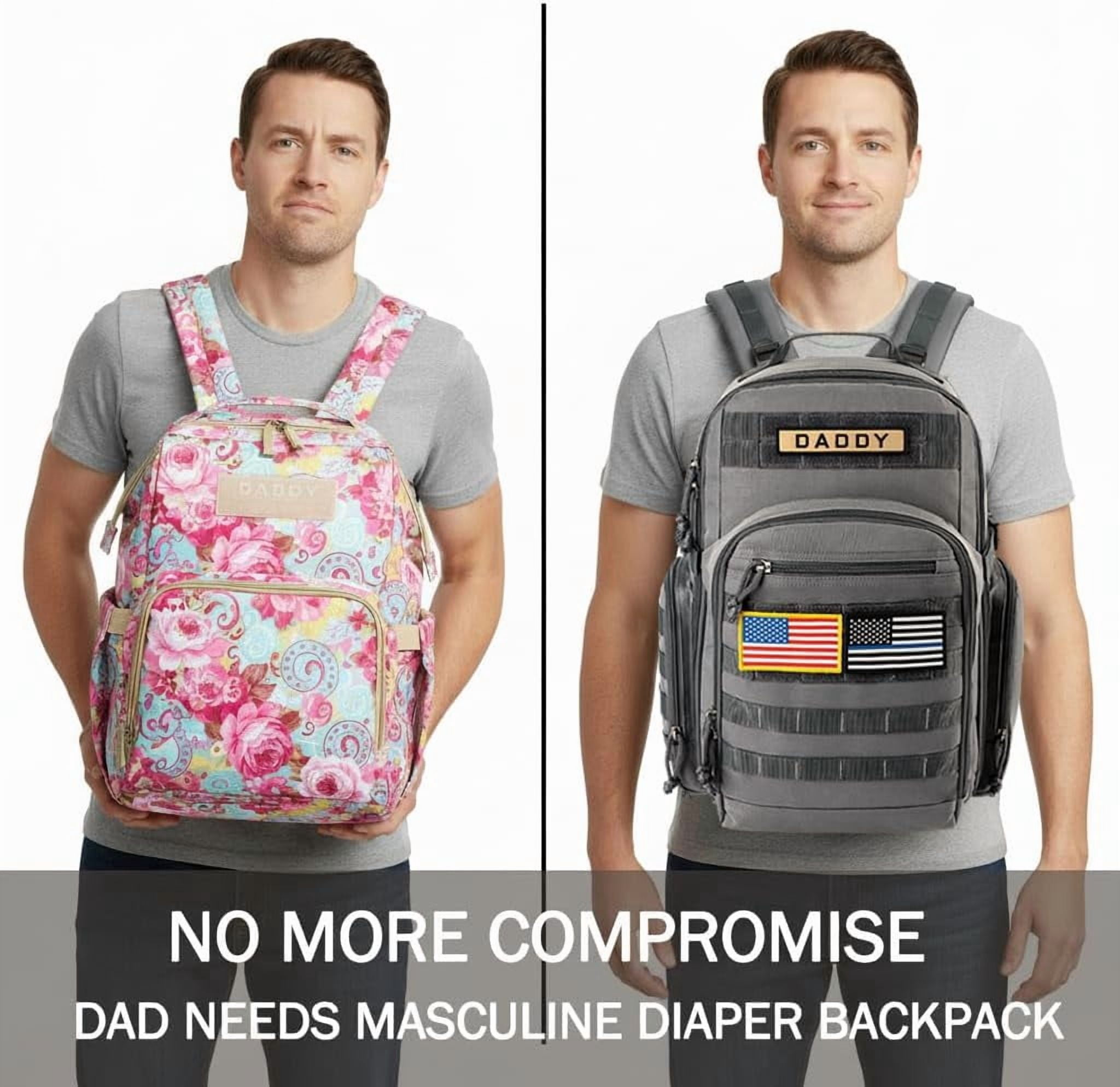 MIRACOL Diaper Bag Backpack for Dad: 40L XL Capacity Fits 1-3 Days Trip - Military Style with Daddy Patch for Active Dads - Ideal Gift for New Fathers & Husbands Grey