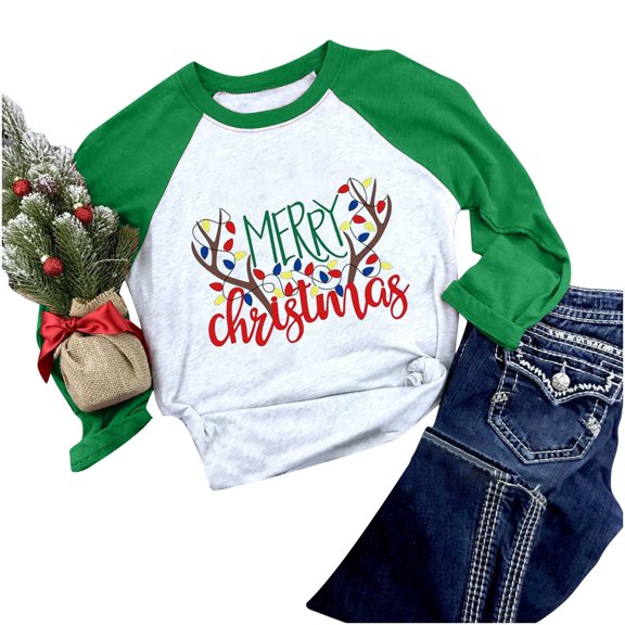 asdoklhq Christmas Clearance Clothing Under $5.00,Women's Christmas Shirt Holiday Season- Gift for Lover Long Sleeve T-shirt Ladies Fit Color Matching Stitching T-shirt