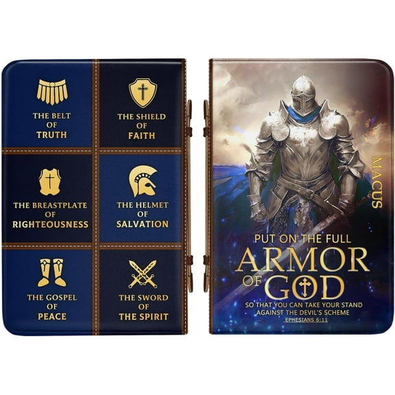 Personalized Leather Business Portfolio Padfolio Folder with Zipper - Folio Document Organizer, Laptop Sleeve, iPad Case and Folder (C - Armor of God, Brown)