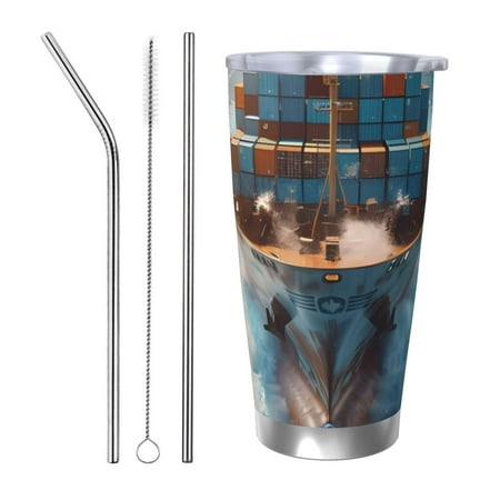 

Zeuib Cargo Ship At Sea Printed 20oz Stainless Steel Insulated Car Cup Stainless Steel Thermal Cup Vacuum Insulated Leak-proof Travel Mug Cup-Straw Three-piece Set