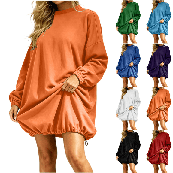 Yeaiivve Womens Oversized Sweatshirts Dress Adjustable Drawstring Balloon Hem Tunic Sweatshirt Fashion Casual Long Sleeve Pullover Tops with Pockets Blue,S