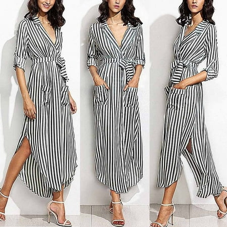 Striped Belted Shirt Dress - Womens Stripe Belted Deep V Neck Long Sleeve Top Blouse Long Maxi Dress BK/XL