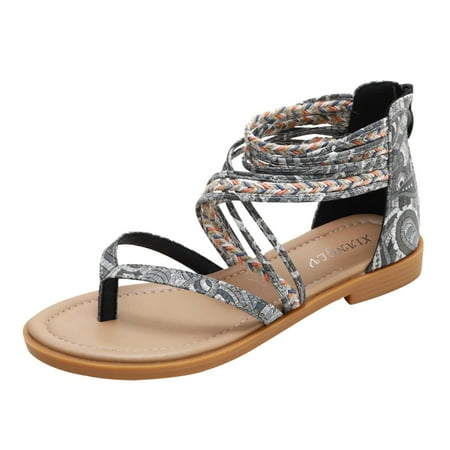 

PMUYBHF Wedge Sandals for Women Closed Toe White Bohemian Ethnic Style New Vintage Seaside Vacation Roman Sandals Beach Flat Bottomed Women Shoes