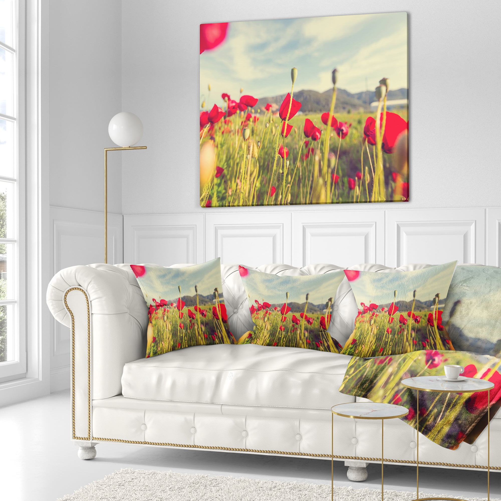 Designart Wild Red Poppy Flowers in Field - Flower Throw Pillow - 18x18