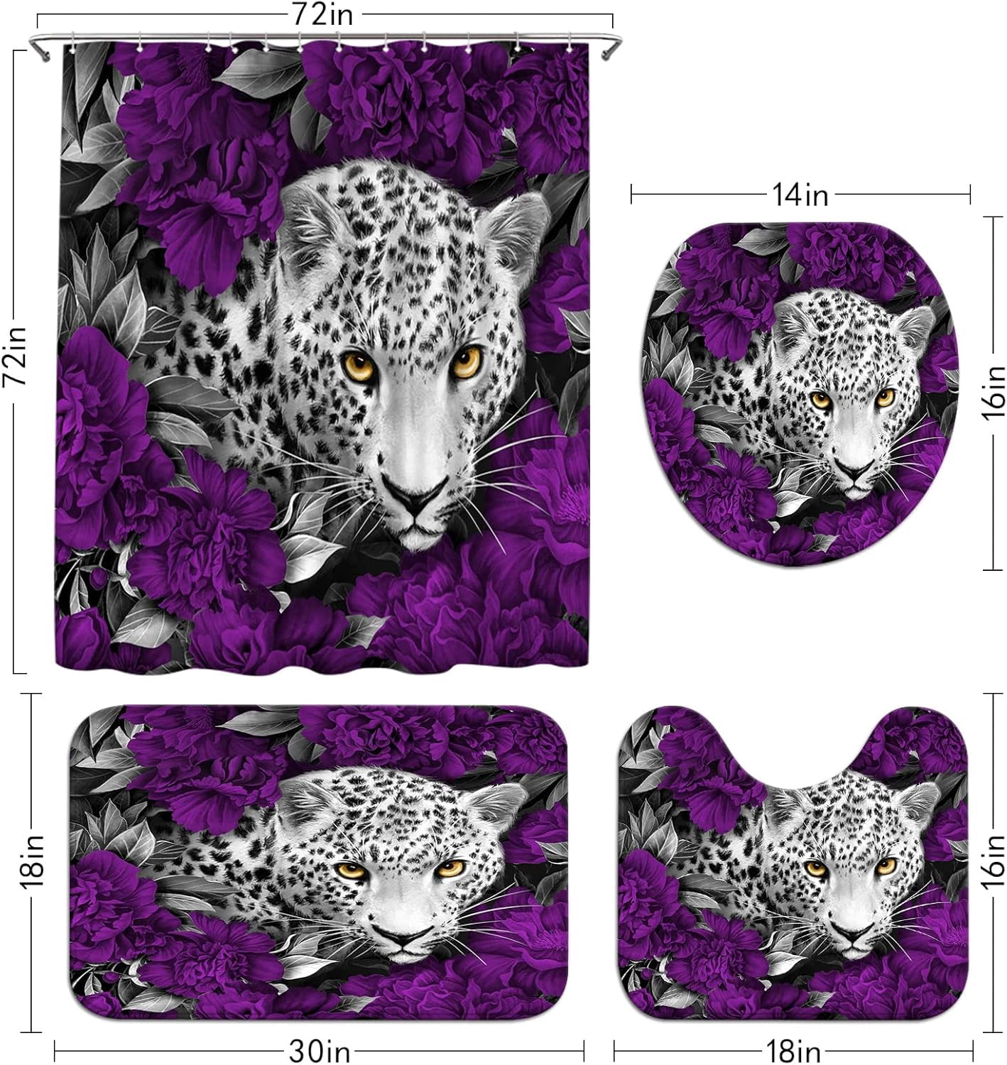Purple Shower Curtain Set Leopard Shower Curtain Purple Bathroom Sets with Shower Curtain and Rugs, Set of 4 Piece (Purple)