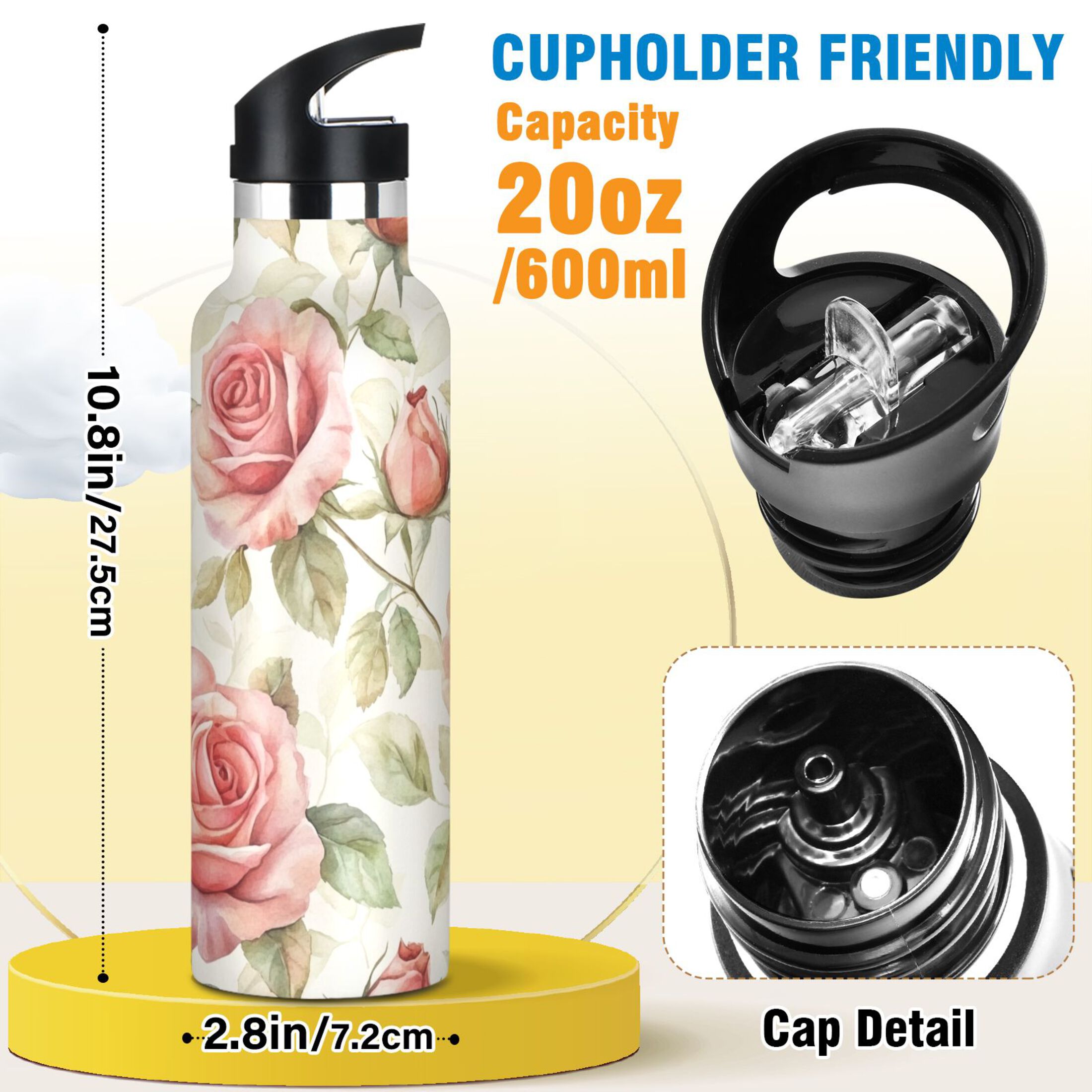 600ML Stainless Steel Insulated Cup Sports Water Bottle Portable Thermos Cup Water Glasses Insulated Tumblers Convenient and Durable Cartoon Coral Roses Seamless