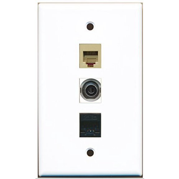 RiteAV - 1 Port Phone RJ11 RJ12 Beige and 1 Port 3.5mm and 1 Port Cat5e Ethernet Black Wall Plate