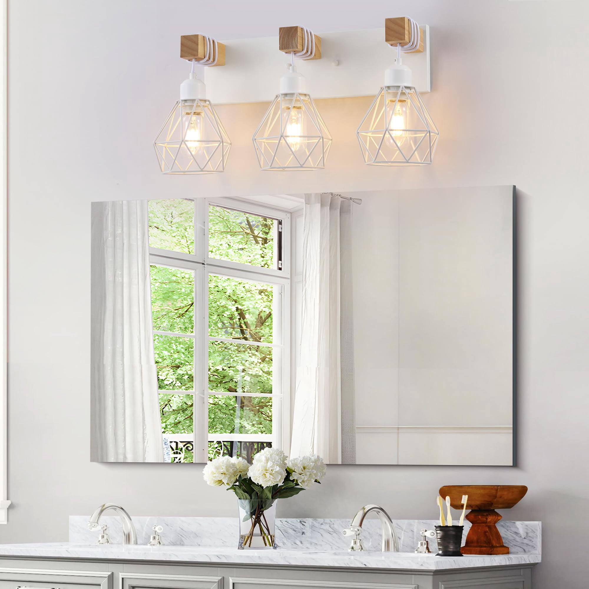 White Bathroom Vanity Light Fixtures  3-light Wood Over Mirror Rustic Sconces Wall Lighting With Elegant Metal Lampshade For Living Room Bedroom Hallway