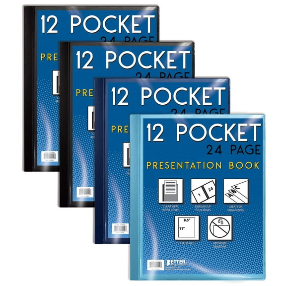 12 Pocket Bound Presentation Book, Assorted Colors, Clear View Front Cover, 24 Sheet Protector Pages, 8.5" x 11" Sheets, by Better Office Products, Art Portfolio, Poly Covers, Letter Size (4 Pack)