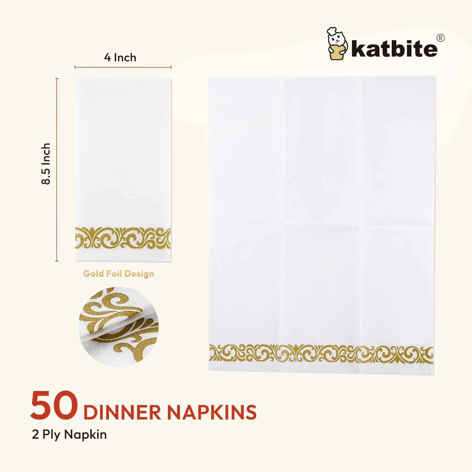 Katbite Gold Paper Napkins, 50 Count, 8.5 x 4 Inches Folded photo 2