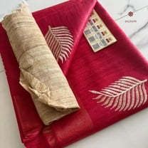 Crimson Red Tussar Ghicha Silk Embroidery Saree