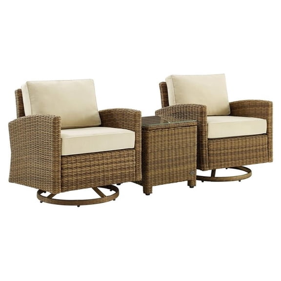 Crosley Furniture Bradenton 3-Pc Fabric Outdoor Swivel Rocker Chair Set in Sand