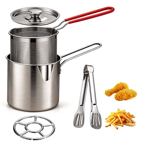 304 Stainless Steel Deep Fryer Pot Set, Multifunctional Fryer with Basket and Strainer for Frying Chicken and Fries
