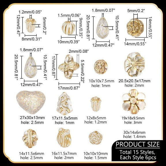 90pcs 15Styles Transparent Acrylic Beads Vintage Bohemian Oval Round Flower Spacer Beads with Golden Metal Enlaced for Bracelet Necklace Craft Jewelry Making 818mm