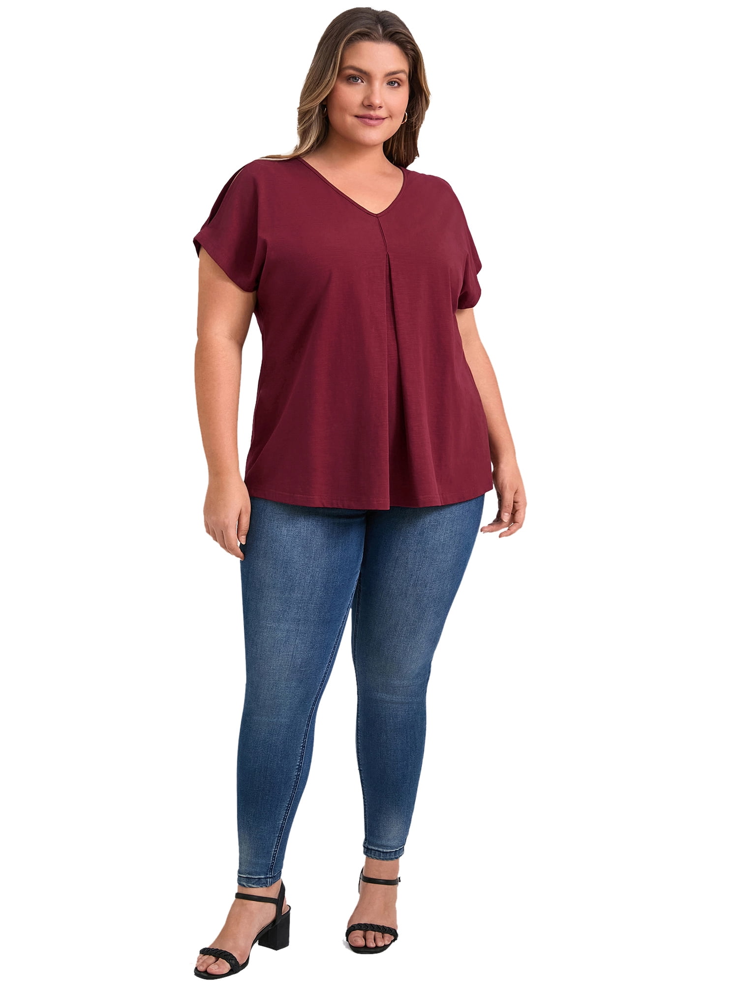 DARING DIVA Women's Plus Front Pleated V Neck Slit Sleeve Blouse 2X Dark Burgundy