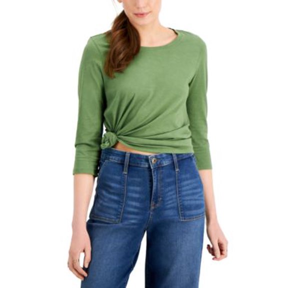 MSRP $37 Style & Co Solid 3/4-Sleeve Cotton Top Green Size Large NWOT (WRINKLED)