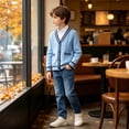 thumbnail image 6 of Boys‘ Cotton Cardigan Sweater Button-Up V-Neck Knit Basic Casual Outerwear School Uniform Sweater Striped Rib Trim Pullover, 6 of 6
