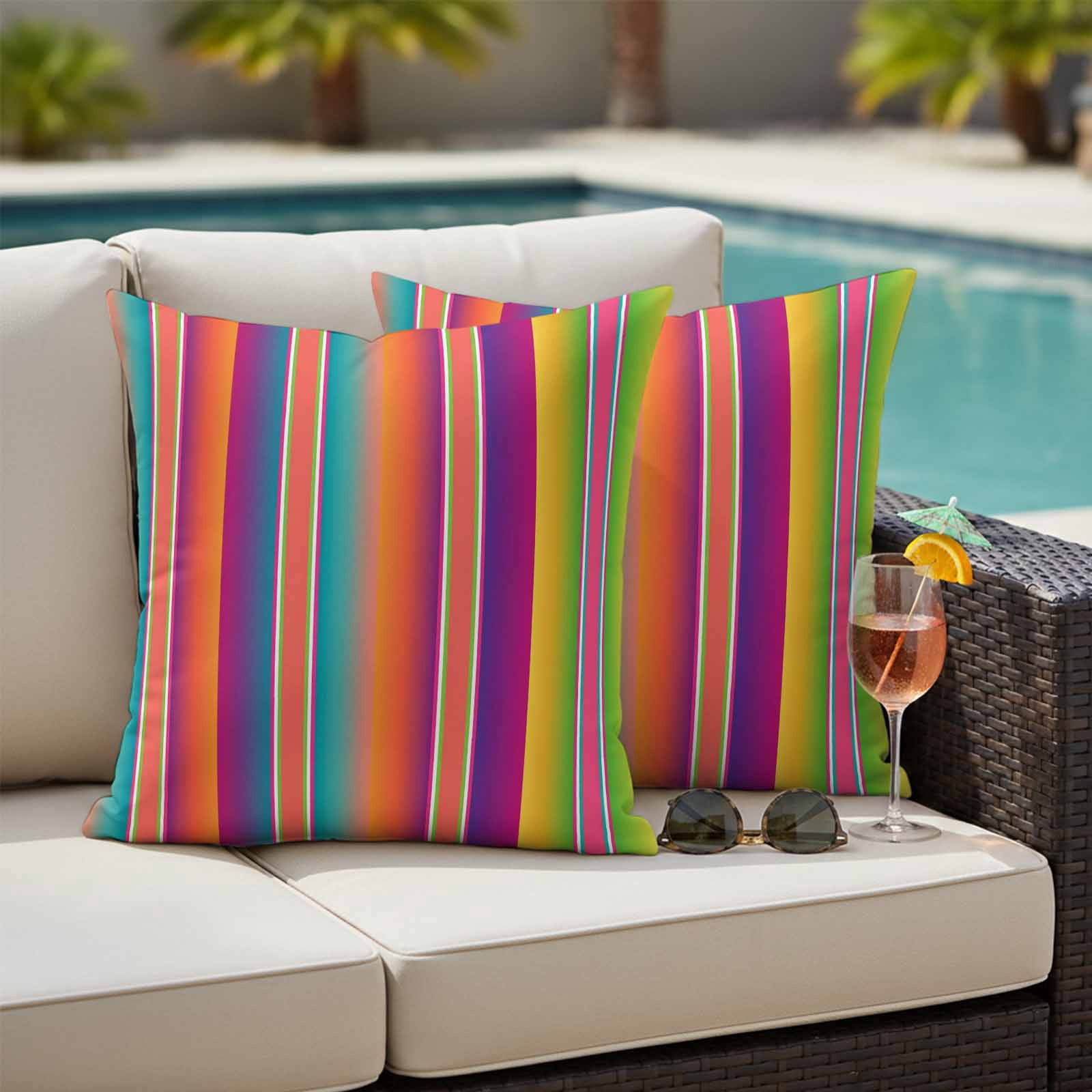 Mexican Style Outdoor Waterproof Throw Pillow Covers 26x26 Set of 2, Colorful Mexico Stripes Orange Purple Decorative Pillowcases Cushion Pillowcase for Couch Sofa Patio Outside Pillow Protector