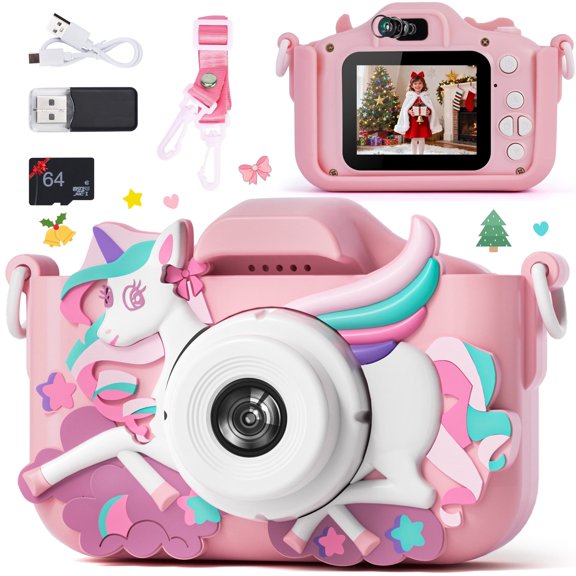 PayUSD Kids Camera Selfie Video Unicorn Christmas Birthday Gifts 1080P HD Digital for Boys Girls Age 3-12 Gifts Toys for 3 4 5 6 7 8 9 Years Old with 32GB SD Card Pink