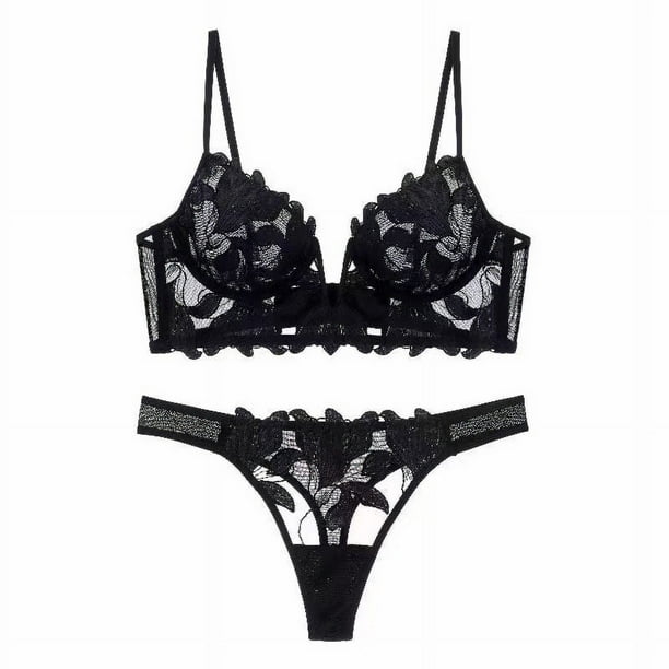 Ropa interior de encaje bordado con escote en V profundo sexy europeo y americano para mujer, sujetador de traje con fruncido pequeño y pecho grande ultrafino