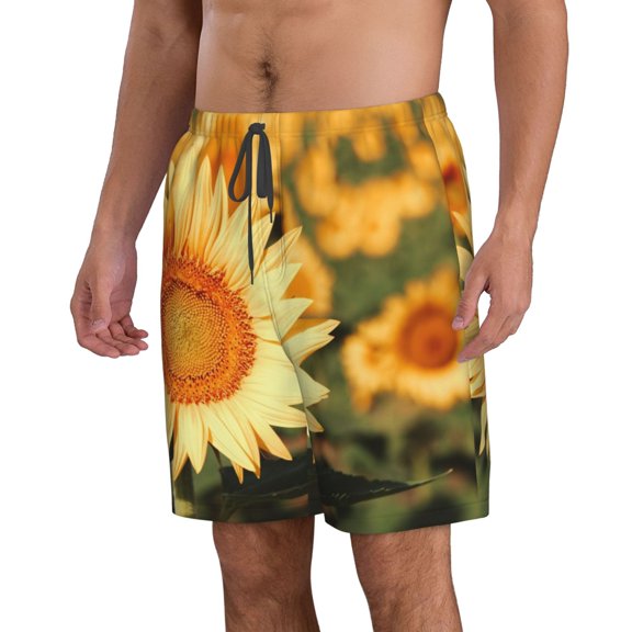 Uemuo Golden Sunflower In Field Pattern Men's Swim Trunks Hawaiian Beach Bathing Suit Swimsuits Beach Quick-Dry Shorts with Pockets-