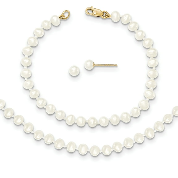 14k Gold 3-4mm Freshwater Cultured Pearl 14in Necklace 5in. Bracelet Earring Set