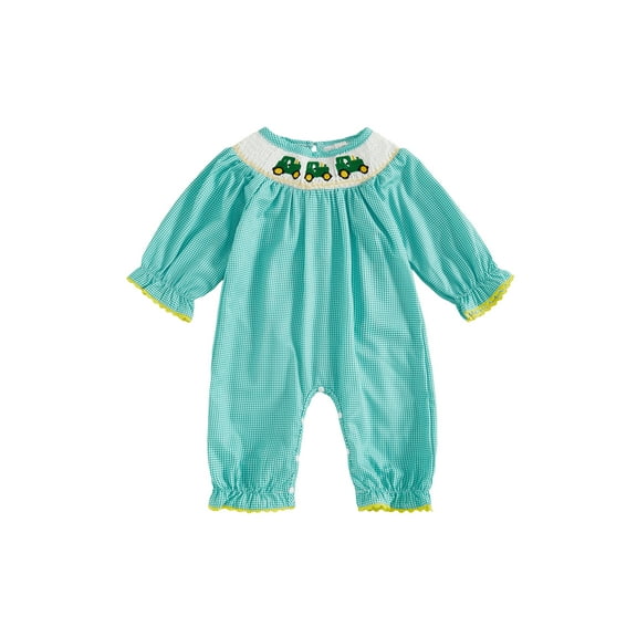 BemeyourBBs Girl Farm Embroidery Romper Long Sleeve Round Neck Plaid Jumpsuit