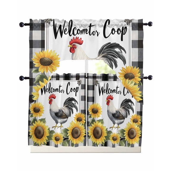 Black White Vintage Rooster Kitchen Curtains Sets 24 Inch Length with Valance, Sunflower Farmhouse Checkered Swag Valances and Tiers Curtain Set Drapes Swag Curtains for Living Room, Bathroom