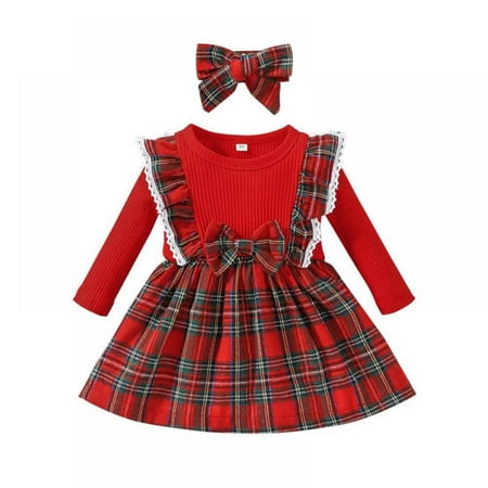 

Baby Girls Christmas Skirt with Headband Long Sleeve Knitted Short Dress + Plaid Bow Wild A-line Skirt Fall Winter Toddler Skirt