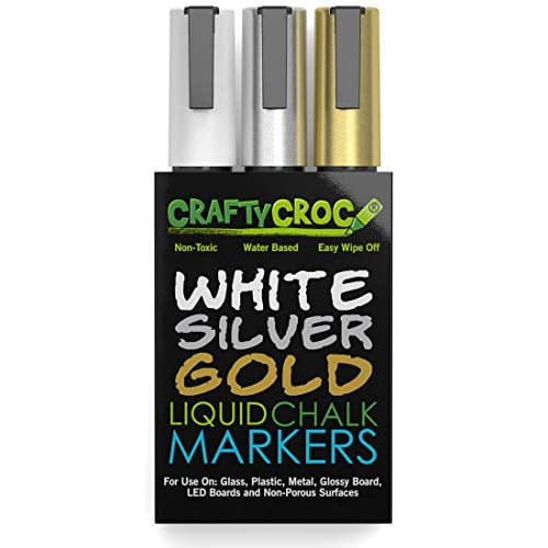 Crafty Croc Metallic Chalk Markers Medium Tip 6mm 3 Pack Wet Erase for Accent Details Gold Silver White