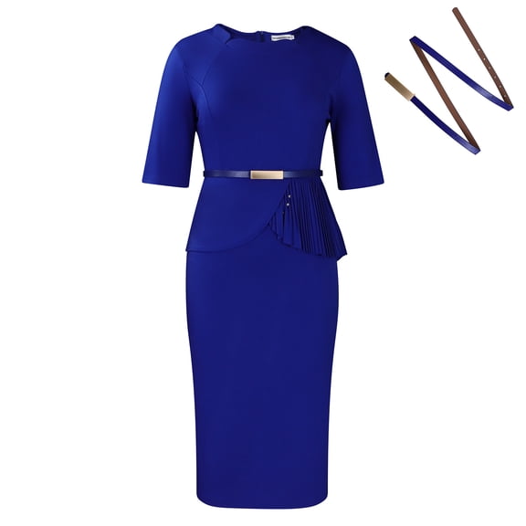 AURA Plus Size Elegant High Waist Bodycon Midi Dress with Belt 2024 Summer Solid Color Office Five Sleeve Work Dress