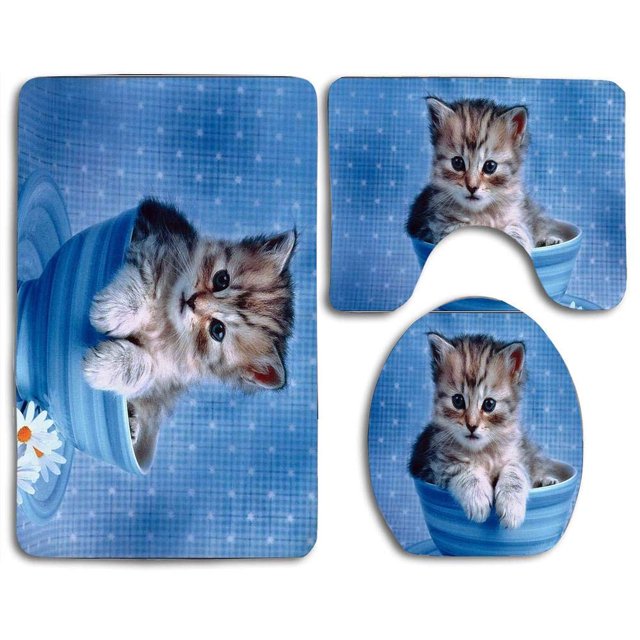 Juego de alfombras de baño ABPHQTO de 3 piezas Gatito Lindo Alfombra de baño Alfombra de contorno y tapa de inodoro Cont-CHAPPLE-24597