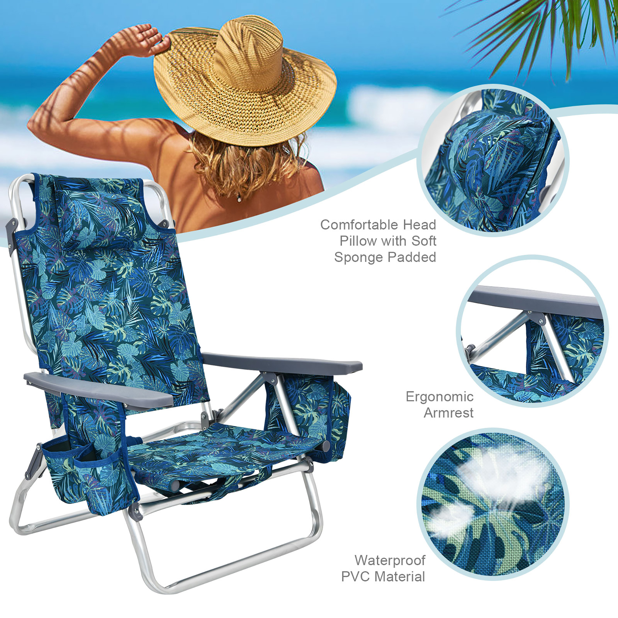 Costway 2-Pack Folding Backpack Beach Chair Table Set 5-Position Outdoor Reclining Chair Pattern - image 4 of 10