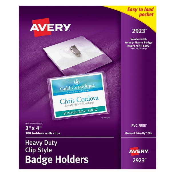 Avery Clear HeavyDuty Clip Style Landscape Badge Holders, 3 x 4, Box